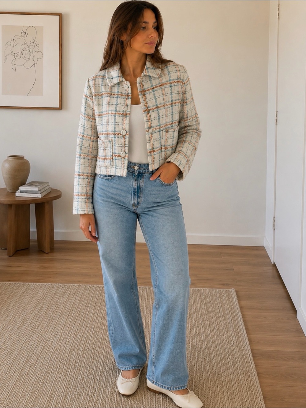 NWT XL LC Lauren Conrad Cream Plaid Tweed Button-Up Jacket